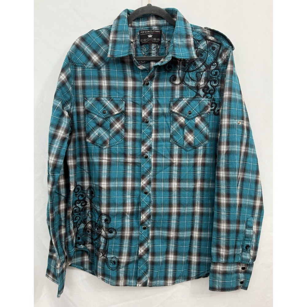 Pop Icon Clothing Buckle Mens XL Turquoise Plaid Button Down Casual‎ Shirt LS